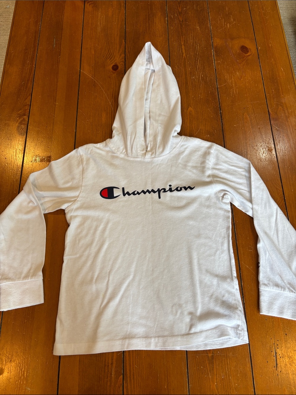 Champion White Hooded Long Sleeve Top with Script Logo Youth 6 EUC